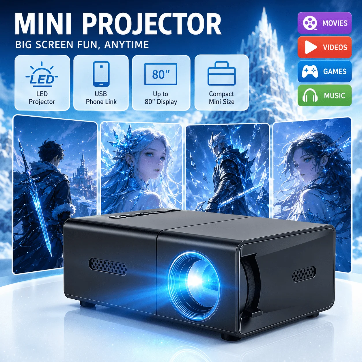 Retro Gaming Projector - Mini przenośny projektor, kompatybilny z kina